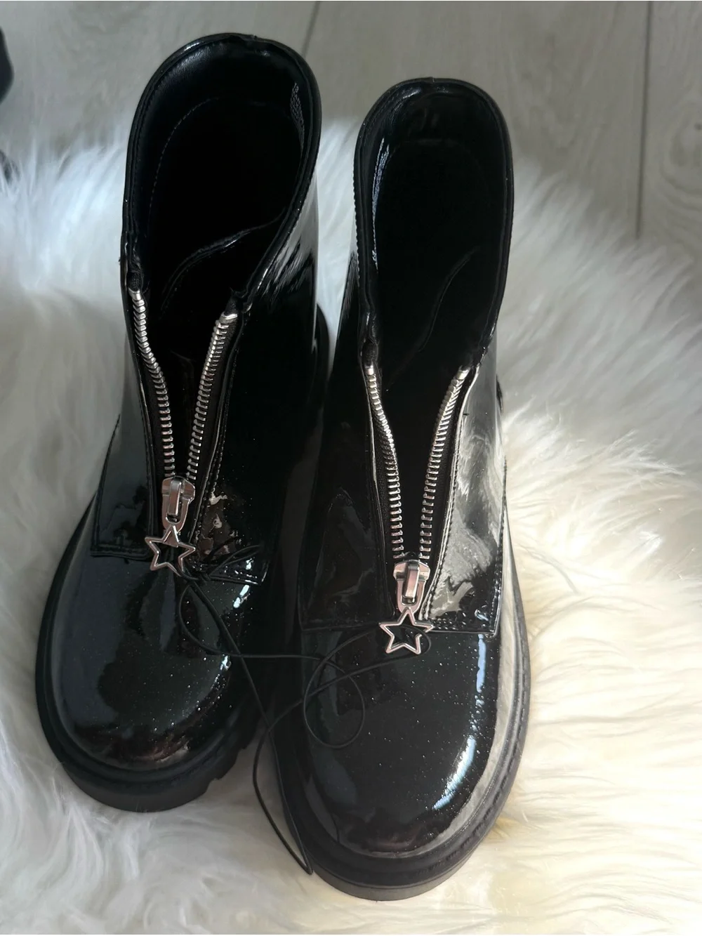 Kids Black Patent Front-Zip Ankle Boots with Star Pulls